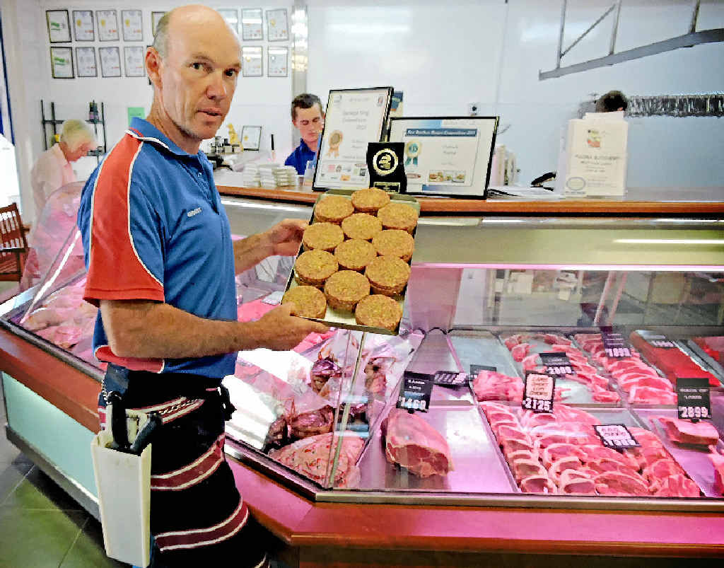 TOP JOB: Grant Lollback shows off Allora Butchery’s prize winning lamb burgers. TOP JOB: Grant Lollback shows off Allora Butchery’s prize winning lamb burgers.